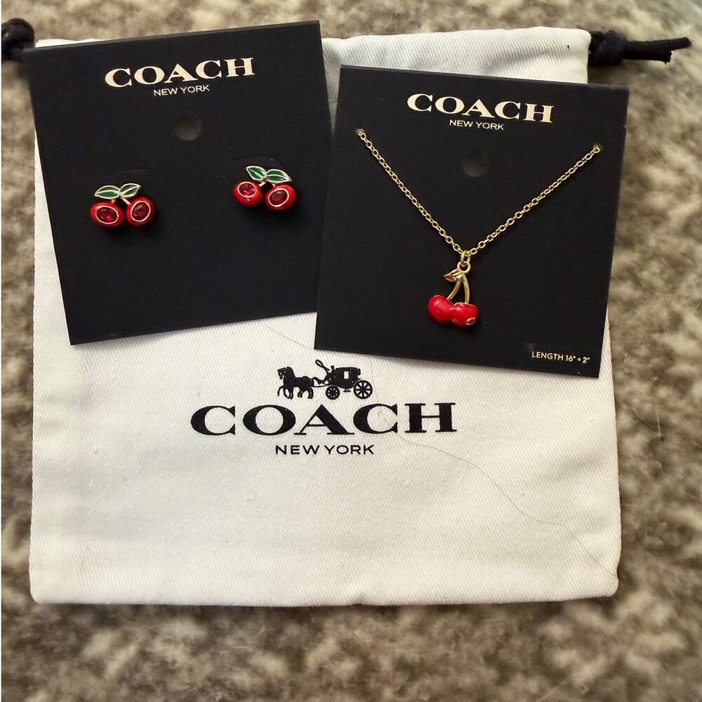 Coach Gold‑Tone Cherry Necklace & Stud Earrings Set Red Enamel NWT Item 206260